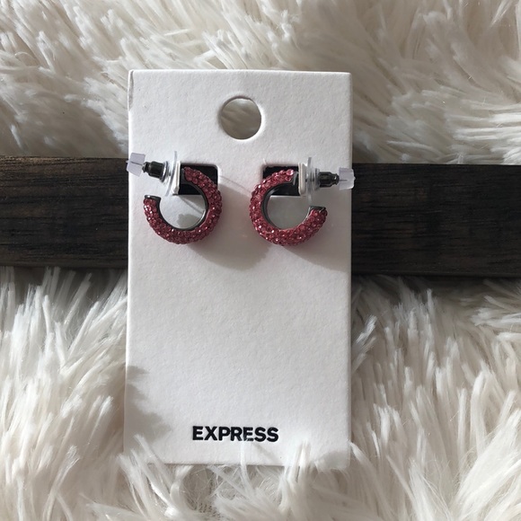Express Pink Mini Pave Hoop Earrings - Picture 2 of 5